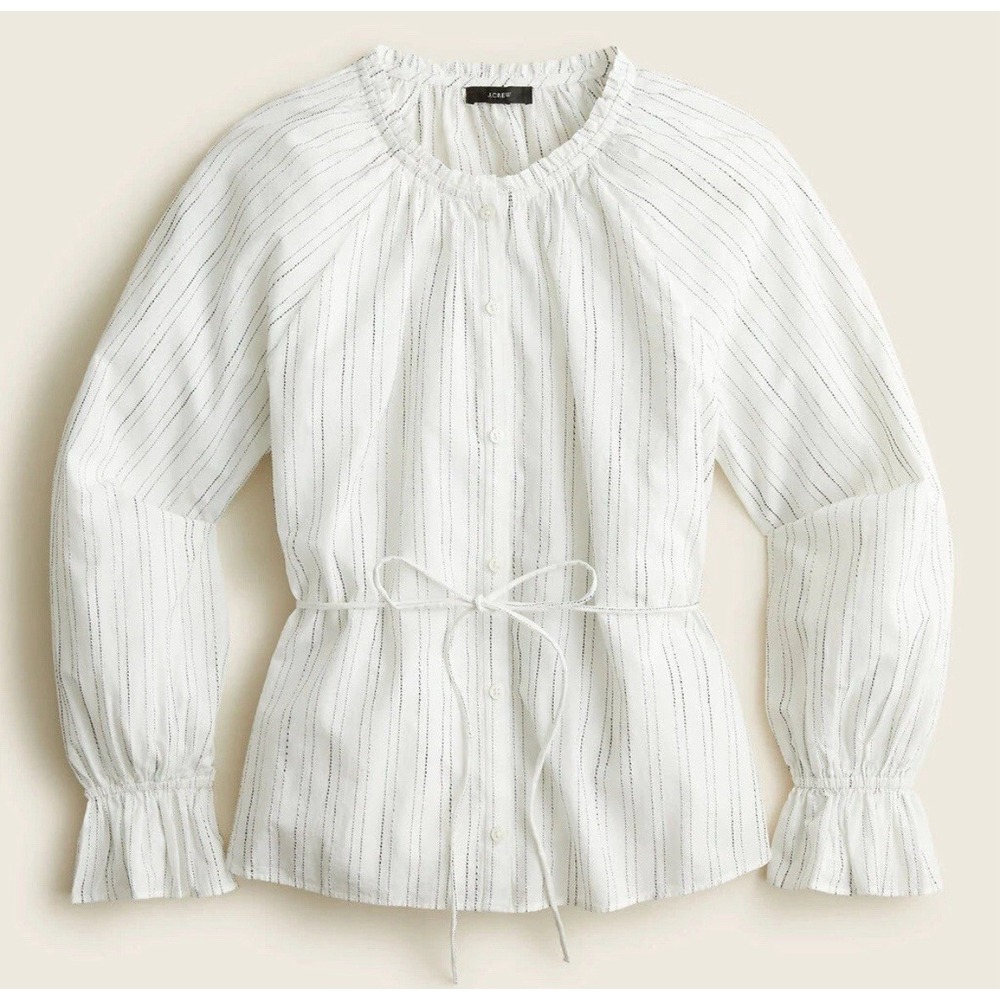 J.Crew Women Button-up tie-waist top in stripe Ivory Black Size Medium #BG312